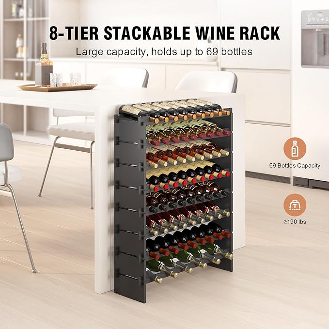 Wine Rack Freestanding Floor Bamboo Stackable Wine Storage Racks Wall Mounted, Modular Wine Bottle Stand Holder Display Shelf for Cabinet, Kitchen, Bar (Black)