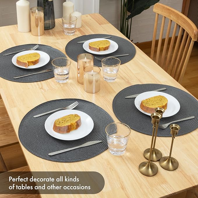 Winknowl Round Braided Placemats Set of 8 Washable Woven Heat Resistant Table Mats for Kitchen Dining Tables 15 inch Round Place Mats (Dark Gray,8pcs)