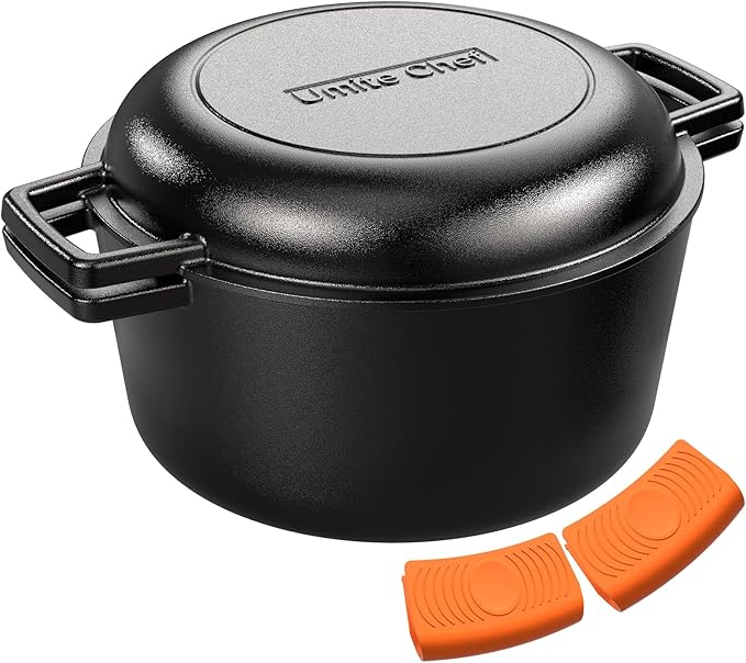 2-in-1 Pre-Seasoned Cast Iron Double Dutch Oven Pot with Skillet Lid & Silicone Sleeves ??Raised Rib Skillet Lid??Umite Chef 7QT Cast Iron Skillet Cookware Pan Set wirh Dual Handles ??Oven, Grill, Campfire & Stovetop Safe ?밣FAS-Free