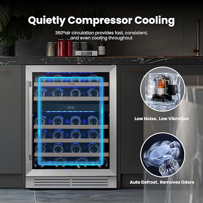 Yeego Wine Fridge Cooler - 24 Inch Dual Zone Wine Fridge Hold 52 Bottles, 40-65°F Wine Refrigerator Glass Door, Built in, Freestanding Under Counter Fridge for Beer Soda Drink Home Bar Office
