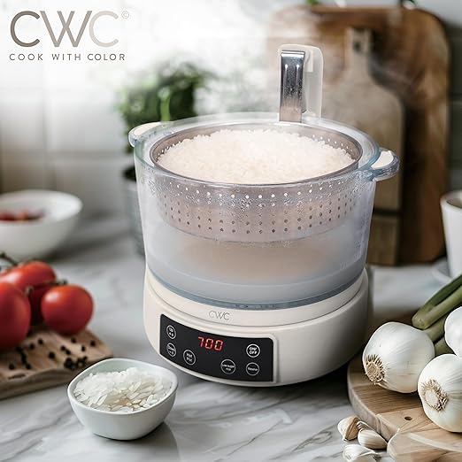 COOK WITH COLOR 3L Glass Mini Low Carb Rice Cooker ??Holds 2 Cups Raw/Makes 6 Cups Cooked with Auto Lift Filter Basket, Hotpot & Steamer for Rice, Grains, Digital Panel with Keep Warm, Cream