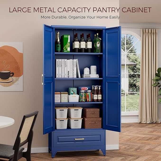 75" Kitchen Pantry Cabinet with Drawer, Metal Storage Cabinets with Doors and Adjustable Shelves, Blue Tall Pantry Cabinet for Dinning Living Room, Home