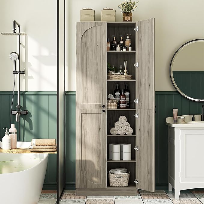 Cyclysio 80" Kitchen Pantry, Extra Tall Arch Storage Cabinet with 4 Doors and Adjustable Shelves, Freestanding Wood Cupboard with Seamless Fit Wall for Dining Living Room Bathroom Furniture (Ash Grey)