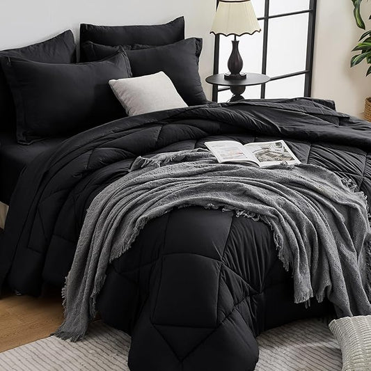 HEVUMYI Black Twin Comforter Set - 5-Piece All Season Bed in a Bag Twin, Ultra Soft Bedding Set with Comforter, Flat Sheet, Fitted Sheet, Pillowcases, Pillow Shams, Black