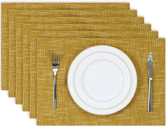 Kevin Textile Burlap Linen Placemats Set of 6 Heat Resistant Dining Table Place Mats Washable Kitchen Table Mats for Dinning Party Holiday Indoor Outdoor, 13 x19 inches, Honey Yellow