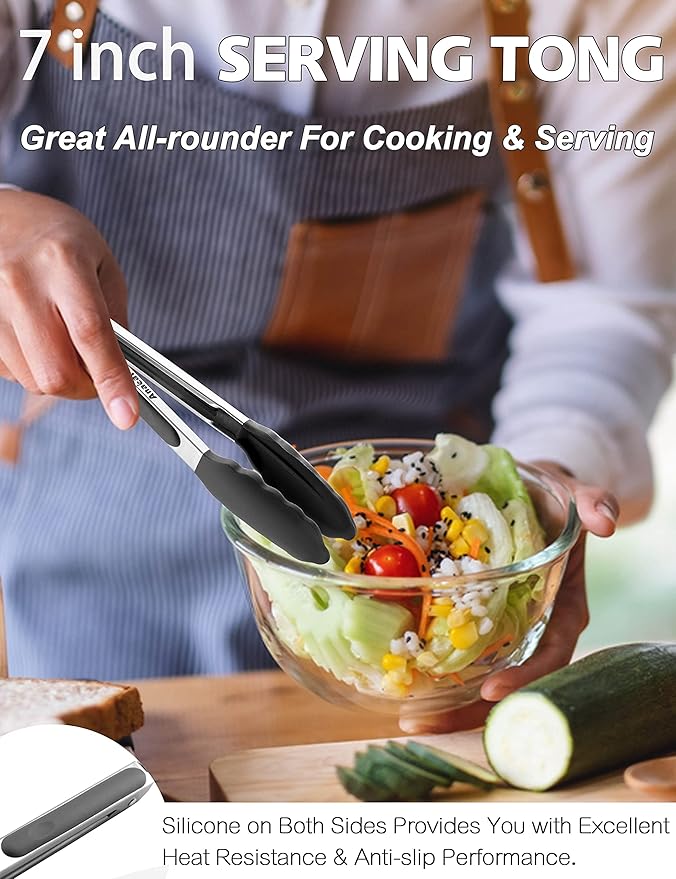 Anaeat Non-Stick Silicone Locking Tong - Stainless Steel 7" Mini Kitchen Food Tongs with Non-Slip Silicone Tips and Grip for Cooking, Baking and BBQ - Heat Resistant up to 480째F (Black)