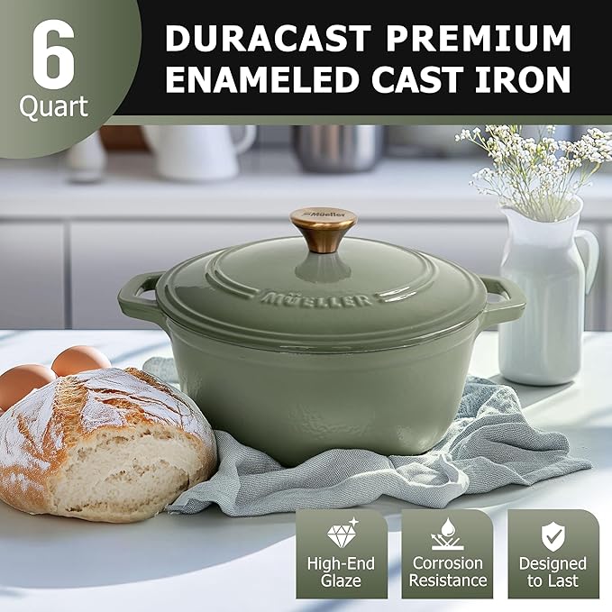 MUELLER HOME 6 Quart Enameled Cast Iron Dutch Oven For Sourdough Bread Baking, Heavy-Duty, Oven-Safe up to 500째 F & Across All Cooktops, Casserole Dishes, Green Kitchen Accessories, Thyme Green
