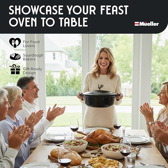MUELLER HOME 5.5 Quart Enameled Cast Iron Oval Dutch Oven with Rooster Knob & Cotton Potholders, Heavy-Duty Cookware, Oven-Safe up to 500째 F & Across All Cooktops, Gifts for Grandma & Women, Black
