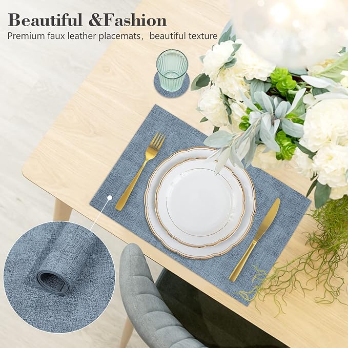 JUCCWARM Faux Leather Placemats Set of 6,Heat Resistant Placemats for Dining Table, Easy Clean Non-Slip Place Mats, Waterproof Stain Resistant Wipeable Washable PU Table Mats, (Blue)