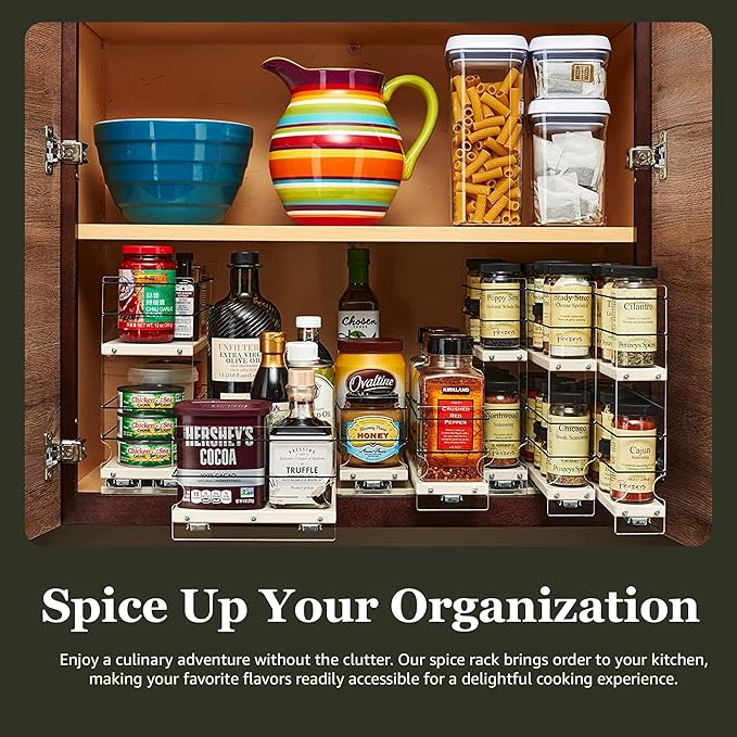 Vertical Spice Adjustable Spice Rack Drawer - Pull Out Cabinet Organizer - Kitchen and Pantry Organizers and Storage - Spice Caddy - 1 Drawer, 2 Upper Tier (2.3" W x 11.25" H x 10.6" D, Cream)