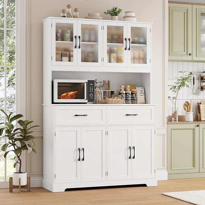 Pantry Storage Cabinet with Microwave Stand, 71" Tall Kitchen Hutch, Large White Pantry Cabinet with Glass Doors for Dining Room