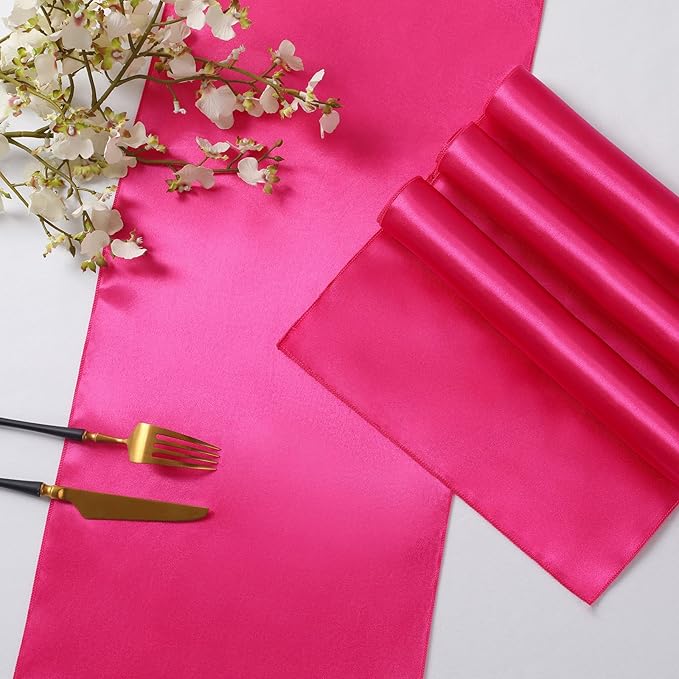 Horbaunal 6 Pack Satin Runners 12 x 108 Inch Bright Silky Smooth Satin Table Runners for Birthday Wedding Party Banquets, Hot Pink