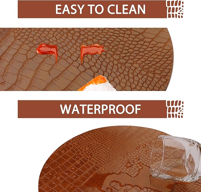 Round Leather Placemats for Round Tables Set of 6, Brown Table Place Mats and Coasters, Washable Easy to Care for Indoor Decor 13" Diameter