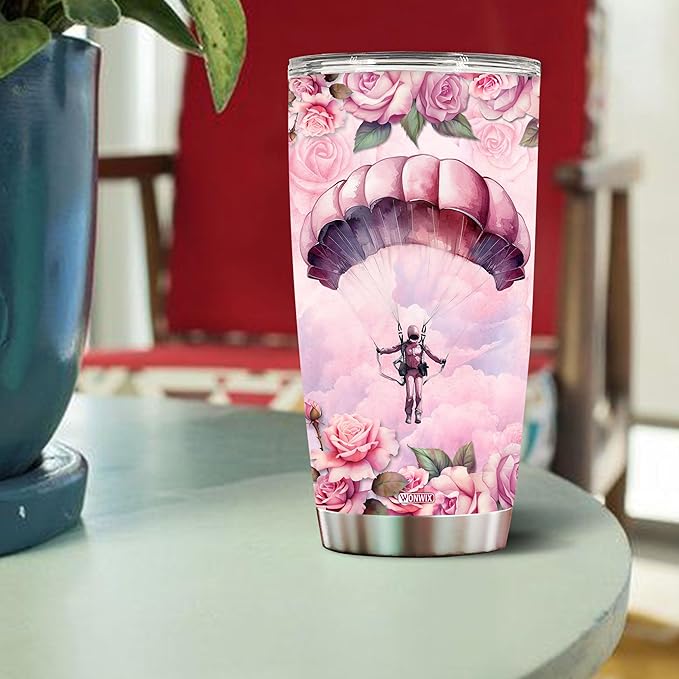 Personalized Skydiving Parachute Coffee Cup Mug Tumbler for Women, Girls, Wife, Daughter, Insulated Stainless Steel 20oz Gift for Christmas, Birthday, Mother's Day, Valentine