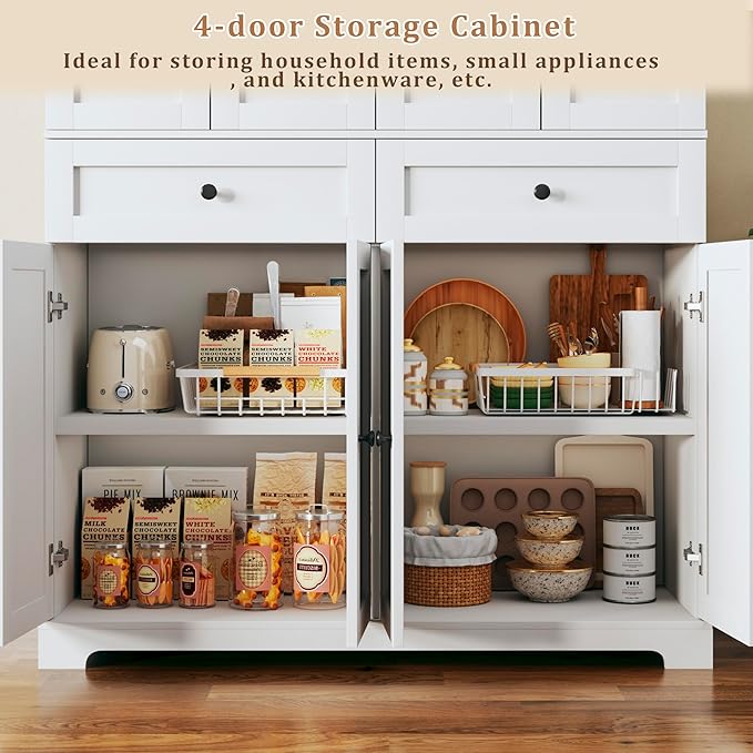 71" Kitchen Pantry Cabinet with 6 Door Shelves, Tall Pantry Storage Cabinet with 8 Doors & 4 Adjustable Shelves, Modern Kitchen Pantry with 2 Large Drawers for Dining Room, Living Room, White