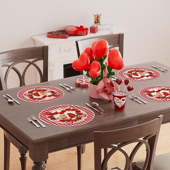 XCHI Plaid Roses Flowers Love Hearts Cardinal Valentine's Day Round Placemats Set of 4 Table Mats for Party Home Kitchen Dining Table Decorations 14x14 Inch