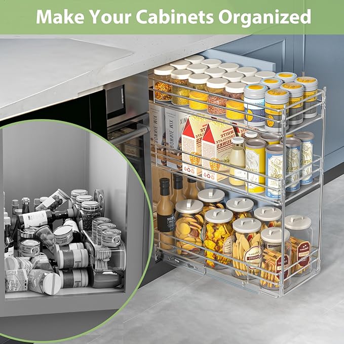 Pull Out Spice Rack Cabinet Organizer (6" W X 20쩍" D),3 Tier Slide Out Drawer for Narrow Cabinet, Pull Out Shelves Under Cabinet Storage for Kitchen