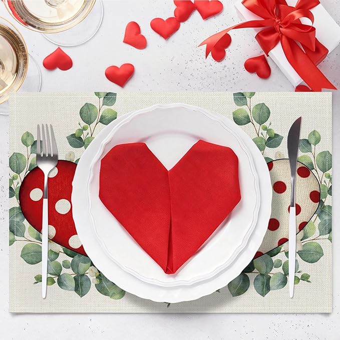 Valentine Placemats Set of 4, 12x18 Inch Eucalyptus Hearts Table Mats, Seasonal Anniversary Holiday Valentines Day Table Decorations for Kitchen Dining Home Party Decor