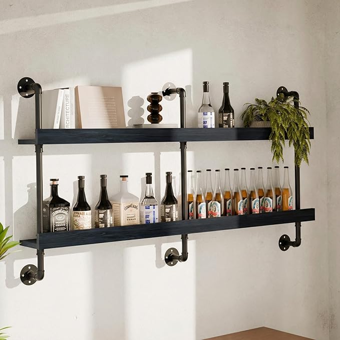 Industrial Wine Rack Wall Mounted, Solid Wood Shelf with Metal Pipe Brackets, 2-Tier Rustic Hanging Organizer for Wine Bottle Storage in Kitchen, Bar, Pub, Cellar(Black, 60 Inch)