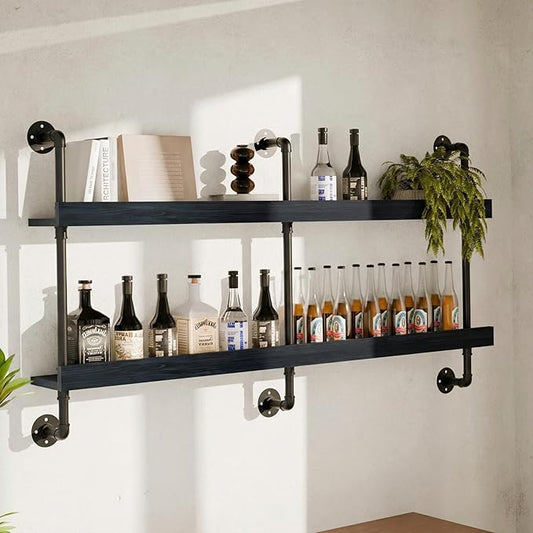 Industrial Wine Rack Wall Mounted, Solid Wood Shelf with Metal Pipe Brackets, 2-Tier Rustic Hanging Organizer for Wine Bottle Storage in Kitchen, Bar, Pub, Cellar(Black, 60 Inch)