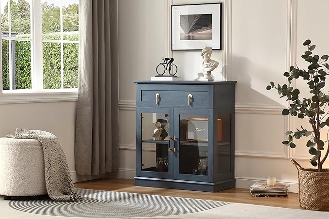 31.5'' Accent Small Buffet Cabinet with Storage, Buffet Sideboard with Two Glass Doors and a Drawer,Small Coffee bar Cabinet with Adjustable Shelf,for Kitchen and entryway,Blue