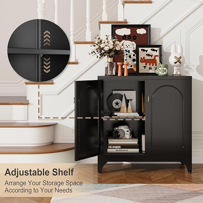 Coffee Bar Cabinet,Metal Kitchen Storage Cabinet,Buffet Cabinet with Storage and Adjustable Shelf,Black Sideboard Buffet Cabinets for Dining Room