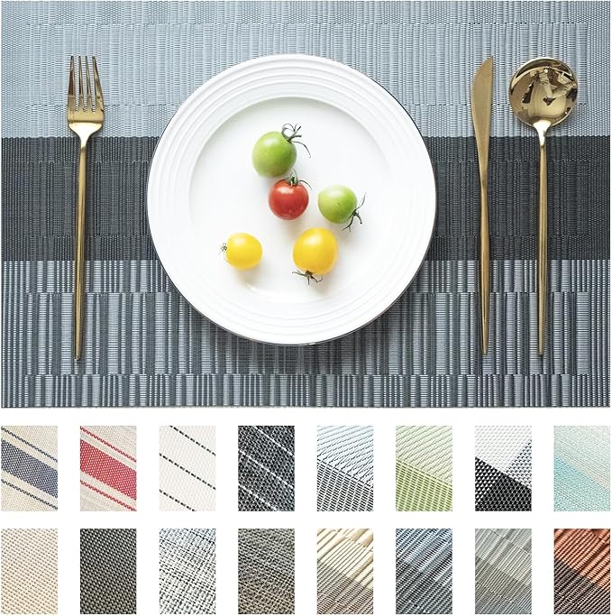 SUMYMERY Placemats Set of 8 Vinyl/Plastic Woven Place Mats for Kitchen Table Indoor/Outdoor Washable Placemat Wipeable Dining Table Mats (Ombre Silver Grey Black,8)