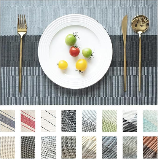 SUMYMERY Placemats Set of 4 Vinyl/Plastic Woven Place Mats for Kitchen Table Indoor/Outdoor Washable Placemat Wipeable Dining Table Mats (Ombre Silver Grey Black,4)