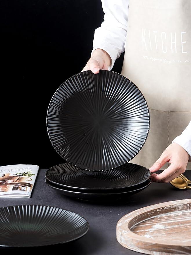 CLAY TONIC Set of 4-10.3 Inch Japanese Style Porcelain Round Dinner Plates, Versatile Circular Serving Plates for Pasta, Salad, Steak Dinner (Black, 10.3 Inches)