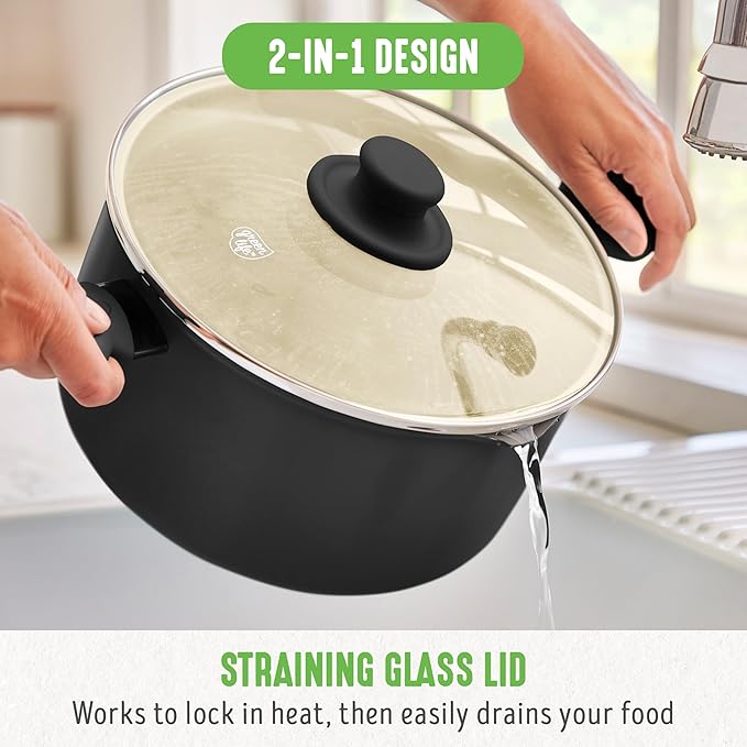 GreenLife 6QT Ceramic Nonstick Stockpot with Glass Straining Lid, PFAS-Free, Dishwasher Safe, Stay-Cool Handles, Oven Safe to 350째F, Wobble-Free Base, Even Heating, Black