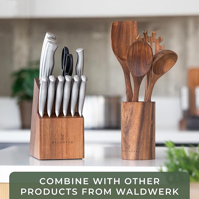 WALDWERK Wooden Spoons for Cooking ??4-Piece Kitchen Utensils Set with Teak Wood Spoons, Spatula, Pasta Server & Holder ??Wooden Utensil Set ??Cooking Utensils ??Utensil Sets - Non Toxic