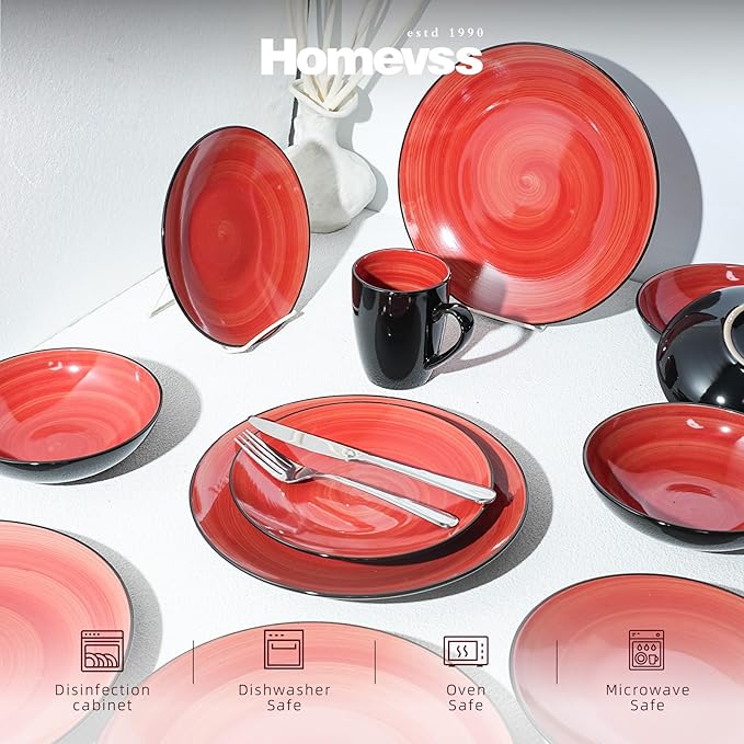 Stoneware Sonoma 16pc Dinnerware Set, Black + Speckled Hand Painting Red