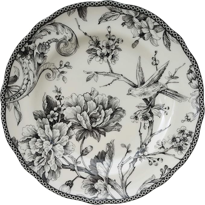 222 Fifth Adelaide 16-Piece Black Porcelain Dinnerware Set ??Service for 4, Featuring Hand-Applied Romantic Woodland Bird Design, for Everyday Dining & Entertainment, Microwave & Dishwasher Safe