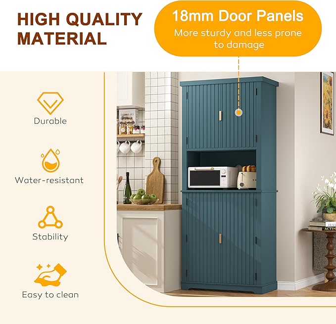 BlueWish 72" Pantry Cabinet with Cable Management Hole, Tall Kitchen Pantry Storage Cabinet with Microwave Stand, Kitchen Cupboard Fluted Buffet Sideboard Hutch for Living Room, Dining Room