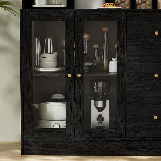 VOWNER Large Kitchen Hutch Cabinet, Kitchen Pantry Storage Cabinet with 6 Glass Doors, 3 Drawers & Microwave Shelf, Freestanding Cupboard for Open Storage (Black)