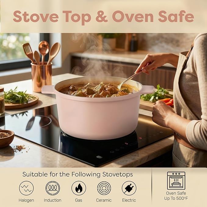 Gotham Steel 5 Qt Lightweight Ceramic Dutch Oven Pot with Lid, Nonstick Sourdough Dutch Oven for Bread Baking, 10 in 1 Stock Pot Ovens for Pasta, Spaghetti, Bread and More, Pots for Cooking