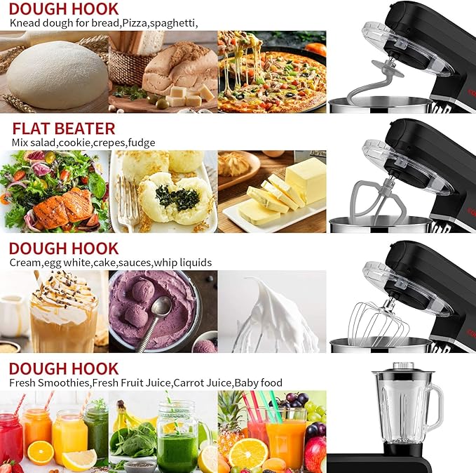 COOKLEE 6-IN-1 Stand Mixer, 8.5 Qt. Multifunctional Electric Kitchen Mixer with 9 Accessories for Most Home Cooks (Black1)