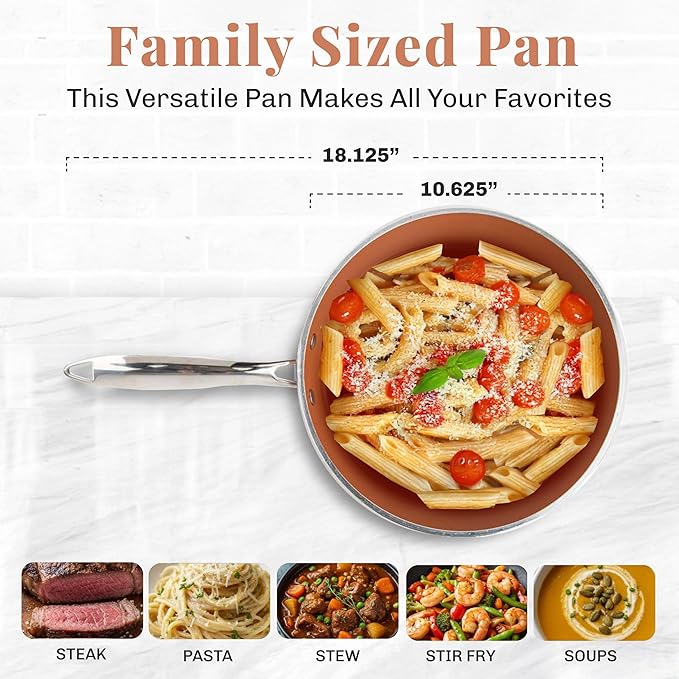 GOTHAM STEEL 4 Qt Saute Pan with Lid, Large Nonstick Skillet for Cooking, 12??Hammered Deep Frying Pan, Family Sized Pans, Ceramic Coating for Sauce, Induction Ready Oven & Dishwasher Safe, Non Toxic
