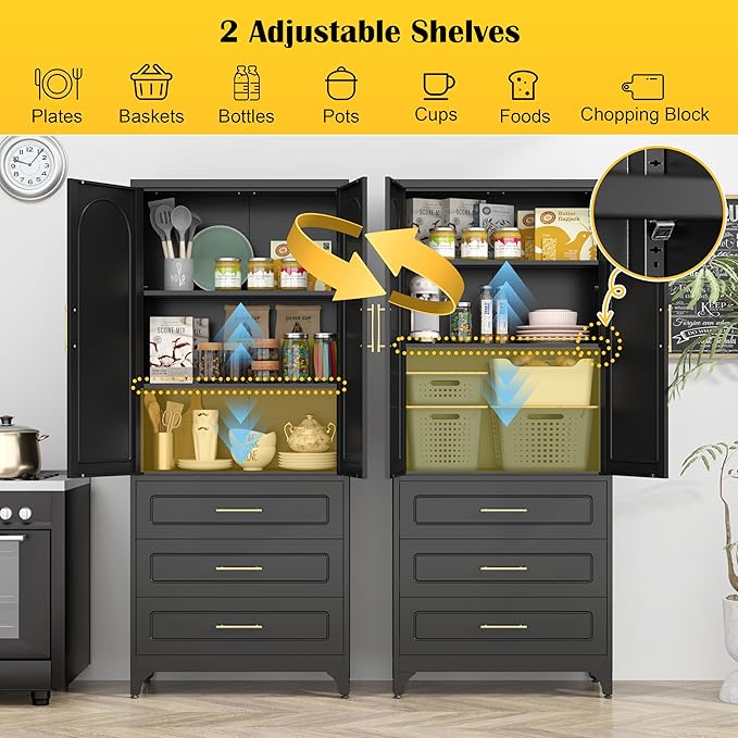 Metal Kitchen Pantry Storage Cabinet with 3 Drawers竊?5 Inch Black Food Pantry Cabinets for Kitchen Storage with 2 Adjustable Shelves,Tall Storage Cupboard for Living Room,Dining Room Office