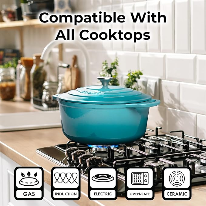 Zulay Kitchen 6 Quart Enameled Cast Iron Dutch Oven with Lid ??Premium Durability & Oven Safe up to 500째F ??Heavy Duty Cookware Perfect for Bread Baking, Stews, Braising & Roasting ??Light Blue