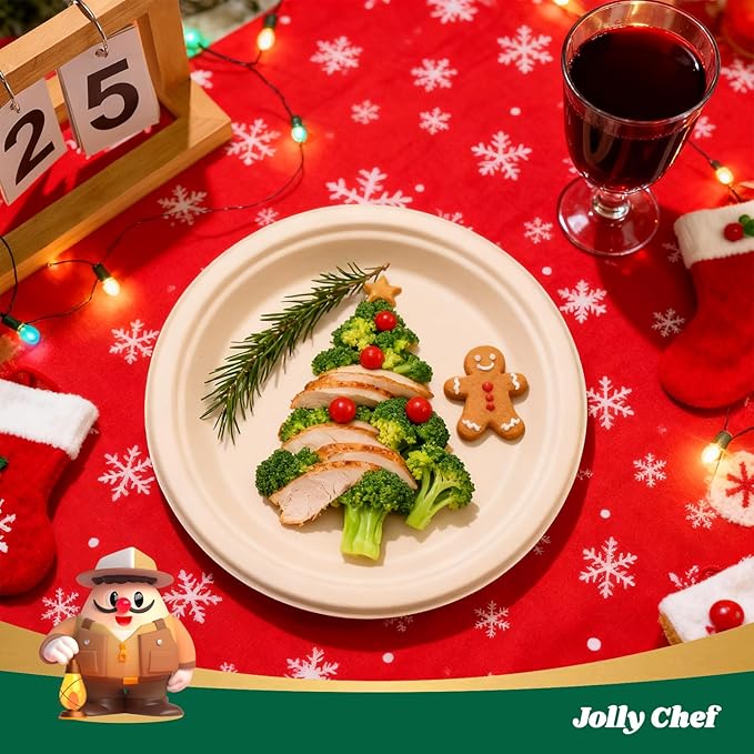 JOLLY CHEF Compostable Heavy Duty Plates 9 Inch [300 Pack] Eco-Friendly Disposable Natural Paper Plates Bagasse Biodegradable Sugarcane Bulk for Party Dinner Lunch Hot Cold Food Christmas (Brown)