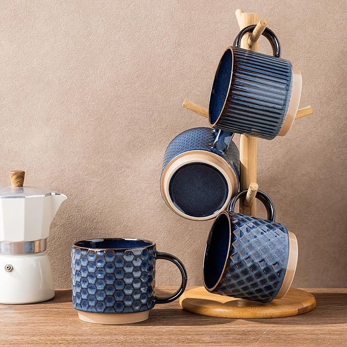 GBhome 15OZ Stackable Coffee Mugs, Ceramic Coffee Mugs with Texture Patterns for Man,Woman,Dad,Mom, Modern Coffee Mugs Set of 4 for Latte/Cappuccino/Cocoa. Dishwasher&Microwave Safe,