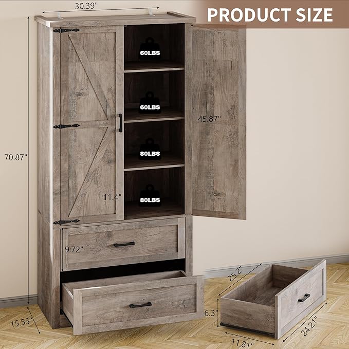 Pantry Organizers and Storage Cabinet, 71??Barn Door White Kitchen Cabinet with Drawers and Adjustable Shelf, Tall Pantry for Kitchen, Dining Room, Living Room. Bathroom and Office