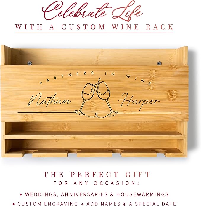 Personalized Wine Rack - Wall Mounted Custom Engraved Holder for 4 Bottles and Glasses - Ideal Gift for Wine Lovers, Weddings, Housewarmings - Customized Names Gifts for Couples