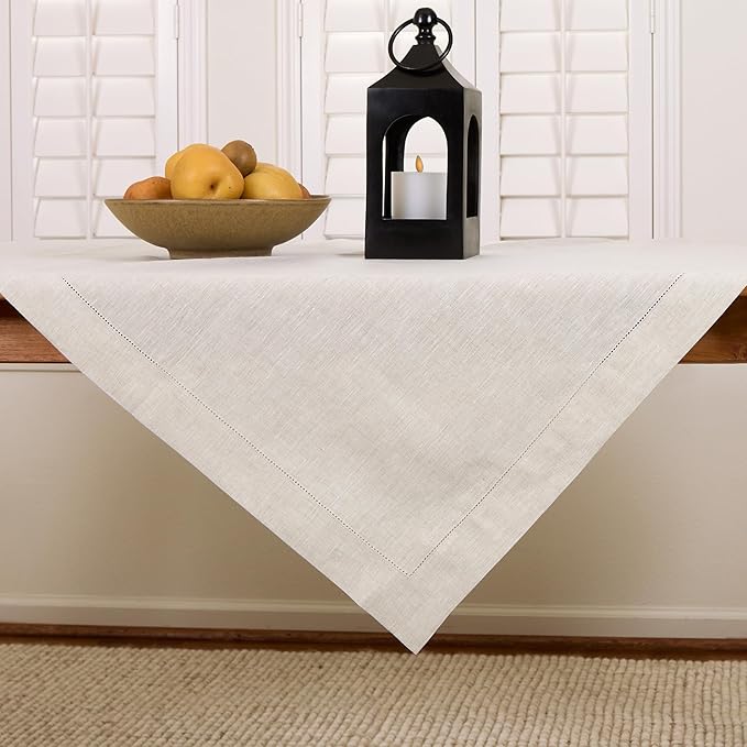 Solino Home Light Natural Linen Tablecloth 52 x 52 Inch - 100% Pure Linen Square Table Throw - Classic Hemstitch, Machine Washable Table Cloth for Spring, Easter