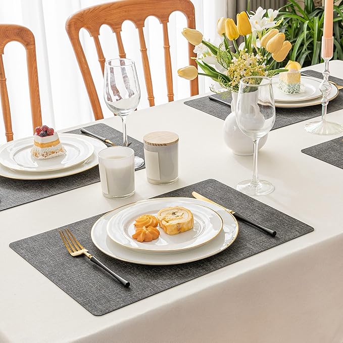 Romanstile Vinyl Placemats Set of 8-12 X 17 Inch - Heat Resistant Place Mats 100% Waterproof Oilproof Wipeable Reversible Faux Leather Table Mats for Kitchen, Dining, Party, Outdoor, Dark Grey