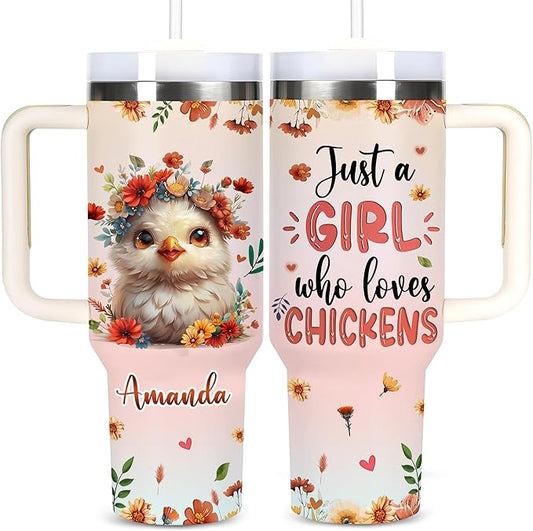 AGGLOMEKC Personalized Cute Chicken Cup - Mother's Day Birthday Gift For Animal Lovers - Just A Girl Who Loves Chicken Tumbler 40oz With Custom Name - Pet Lover Gifts For Women, Her