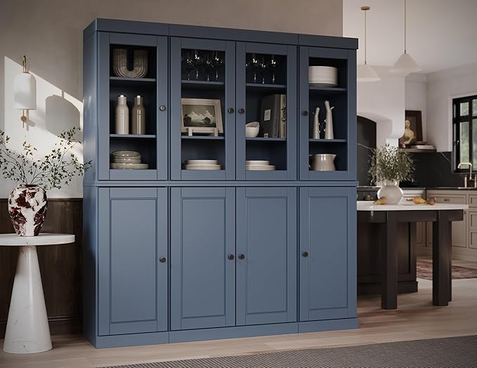 Palace Imports 100% Solid Wood China Cabinet - Kitchen Pantry - Wooden Storage w/Adjustable Shelves, Antique Blue, 65" w x 71.5" h x 15.5" d, Renewable Eco-Friendly Wood, Made in Brazil