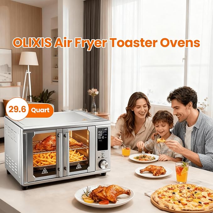 OLIXIS Air Fryer Toaster Oven Combo Dual Door, 29.6QT Oven Countertop 12 Functions in 1, 7 Accessories Included, Stainless, Up to 450°F