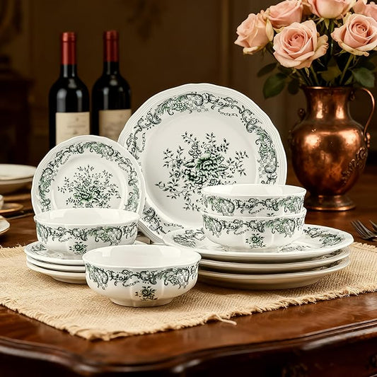 Ceramic Dinnerware Set 12Piece Ornate Edge Dish Set for 4 Vintage Green Floral Elegant ChipResistant Kitchen Plates Bowls for Daily Use & Party Microwave & Dishwasher Safe(Green)